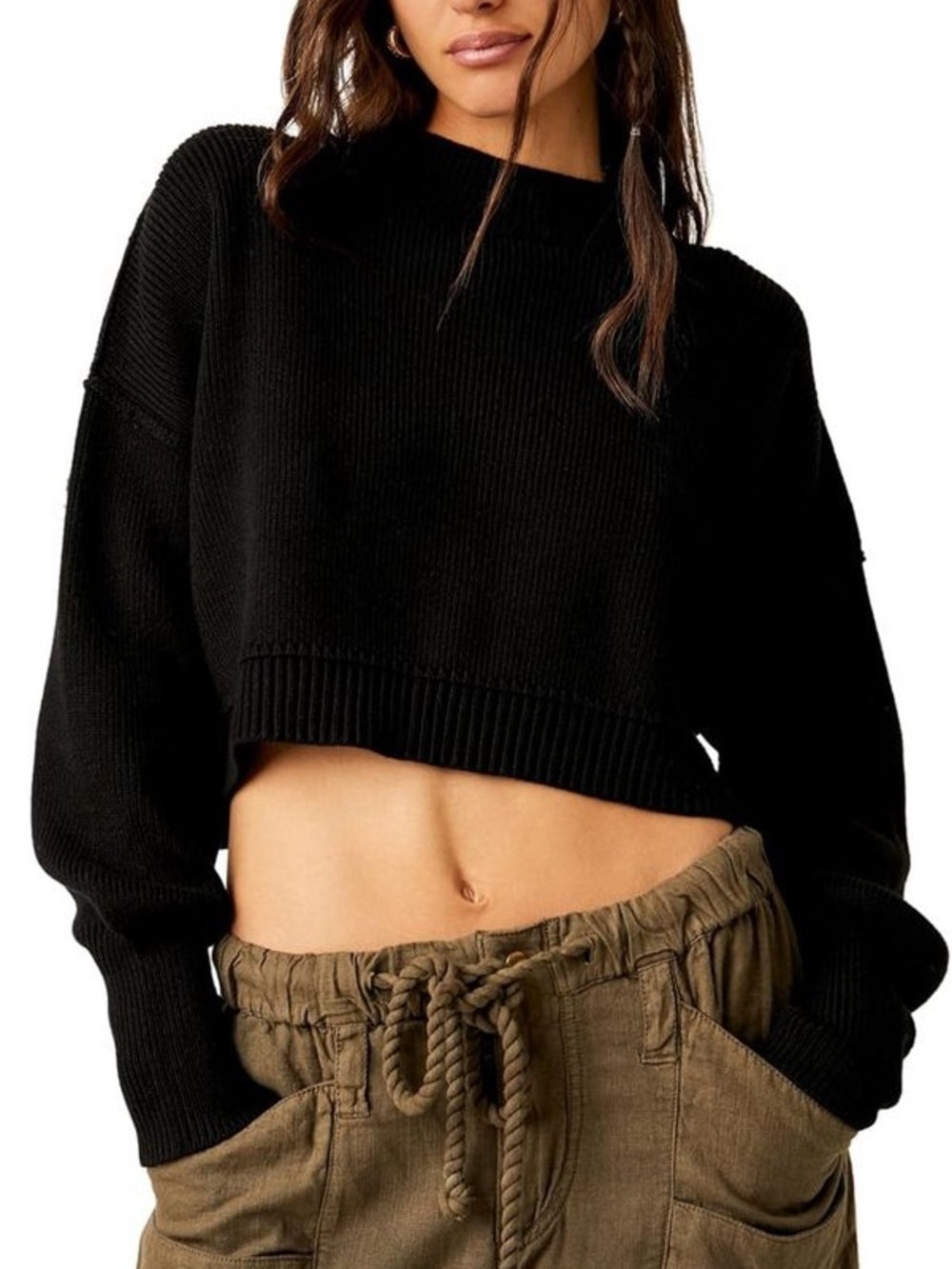 Free People Easy Street Crop Pullover Sweater Black